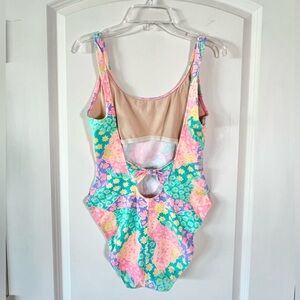 Vintage Floral Geometric Print Cotton high cut swimsuit with bow on back